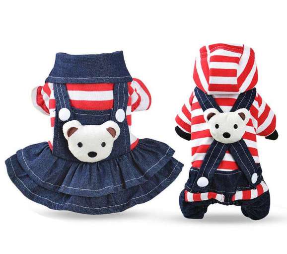 WIIPU Striped Jean Dog Clothes Winter Small Pet Jumpsuit Overalls Dress Apparel Warm